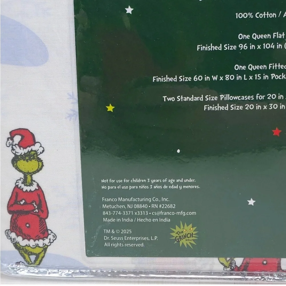 Dr. Seuss THE GRINCH CHRISTMAS Queen Size Cotton Sheet Set Soft New in Package